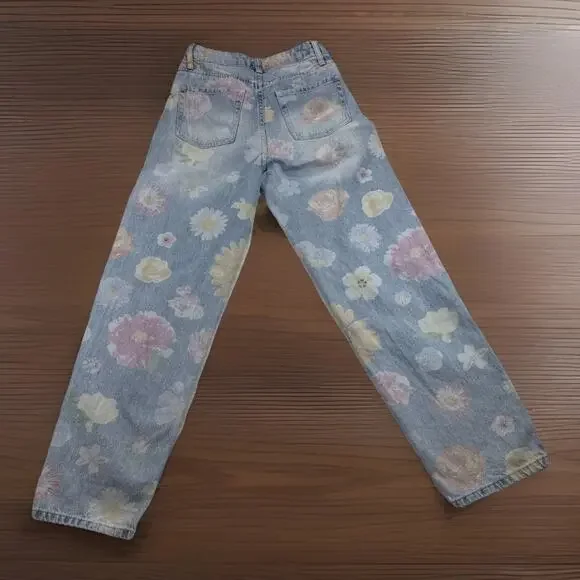 Wild Fable Jeans Women Sz 0 High Rise Light Wash Floral Pattern 90's Festival - Picture 3 of 12